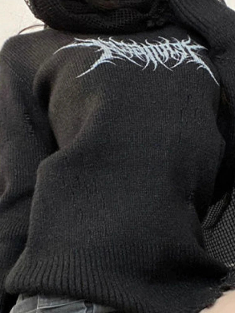 Harajuku Vintage Grunge Printing Sweaters Women Y2k Aesthetic Turtleneck Hole Jumpers 2025 Streetwear Casual Gothic Pullovers