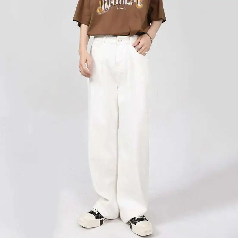 Minimalist Men Denim Pants Droop Solid Color Washed Casual Straight Wide Leg Korean Style Male Loose Jeans Menswear 9C7863