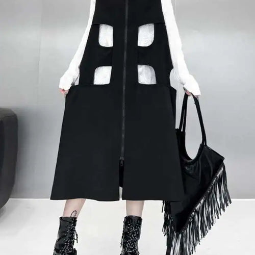 Load image into Gallery viewer, Women Black Hollow Out Zipper Big Size Midi Vest Dress New Lapel Sleeveless Fashion Tide Spring Autumn 2025 1DH6870
