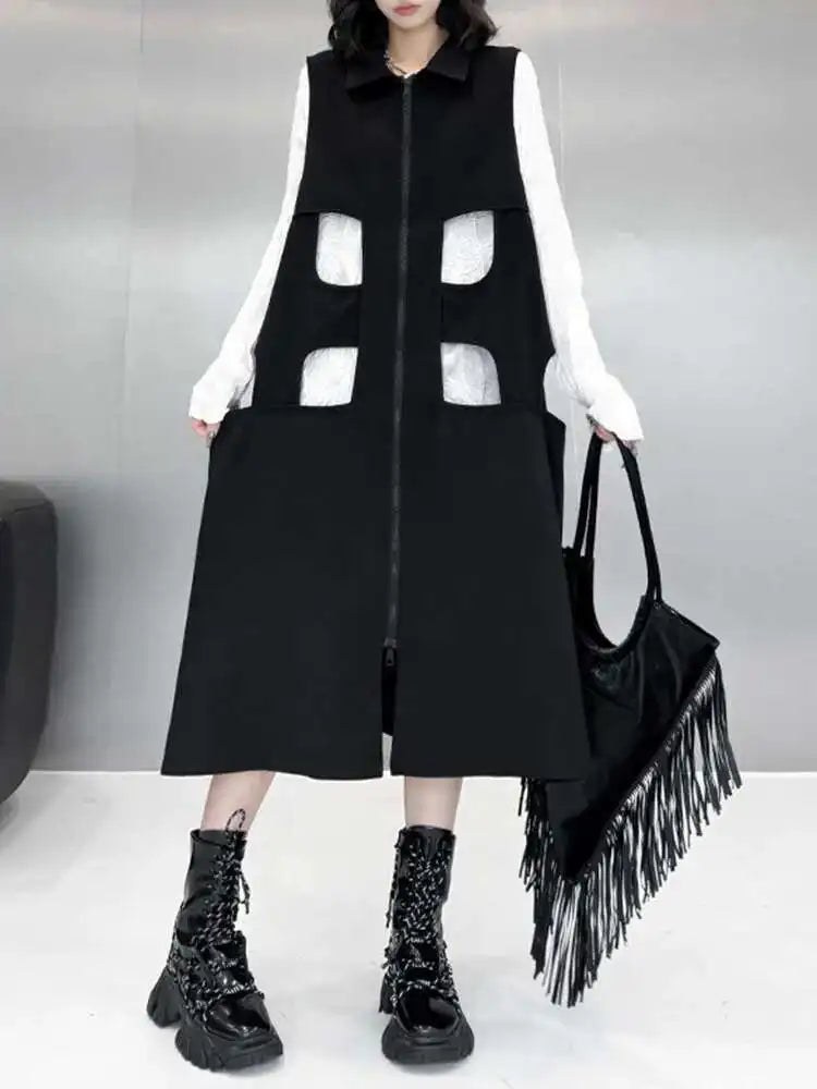 Women Black Hollow Out Zipper Big Size Midi Vest Dress New Lapel Sleeveless Fashion Tide Spring Autumn 2025 1DH6870