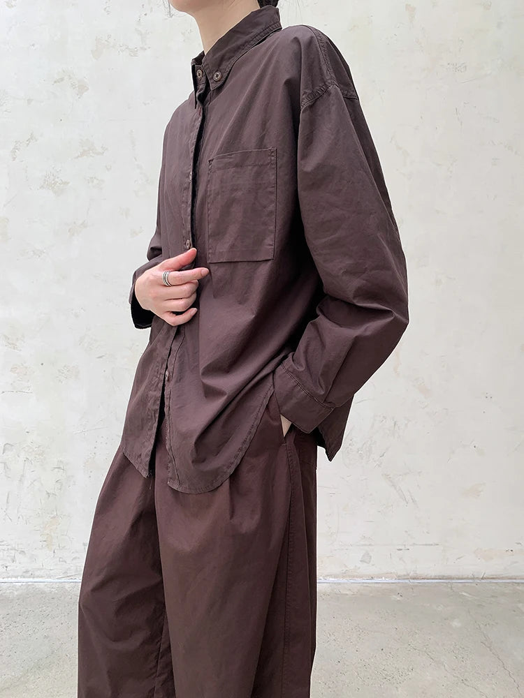 Women Coffee Brief Pocket Big Size Elegant Blouse New Lapel Long Sleeve Shirt Fashion Tide Spring Autumn 2025 1DH8367