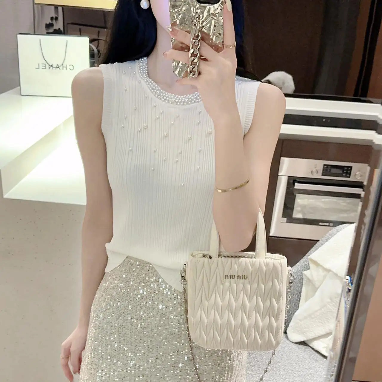 Vintage Solid Pearl Beaded Vest Women Sexy Club Elegant Chic Knitwear 2024 Summer Sleeveless O-neck Slim Tank Tops Popular Trend