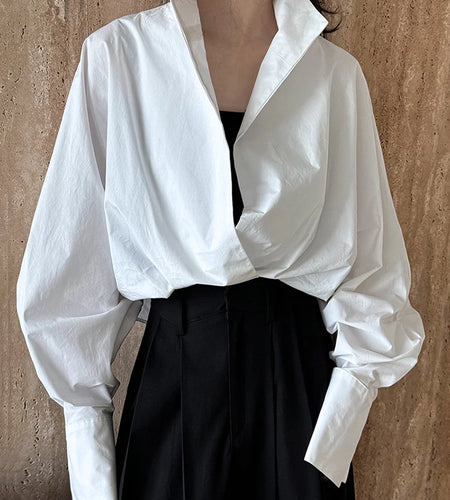 Women White Shaped Brief Big Size Elegant Blouse New V-neck Long Sleeve Shirt Fashion Tide Spring Autumn 2025 1DH4759