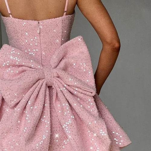 Load image into Gallery viewer, Sequins Bow Backless Sexy Mini Dress For Women Robe Fashion Square Collar Sleeveless High Waist A-line Club Dress
