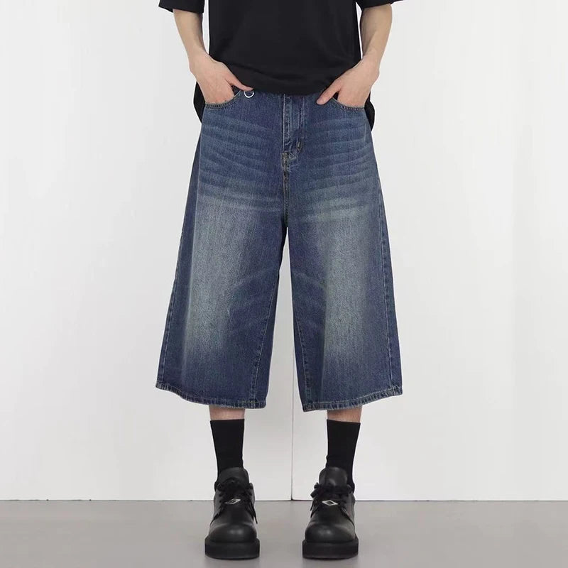 Men's Denim Shorts New Summer Washed Loose Straight Leg Pants New American Solid Color Style Male Bottoms 2025 9W1490