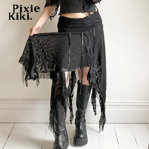 Load image into Gallery viewer, Black Lace Long Skirt Low Rise Trashy Y2k 2000s Asymmetrical Skirts Summer 2024 Women Bottoms P67-EZ20
