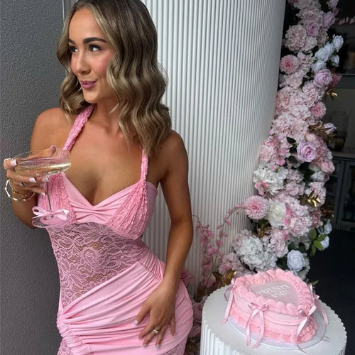 Load image into Gallery viewer, Lace Draped Ruched Sexy Mini Dress For Women Robe Fashion Halter Off-shoulder Backless Sleeveless Bodycon Club Dress
