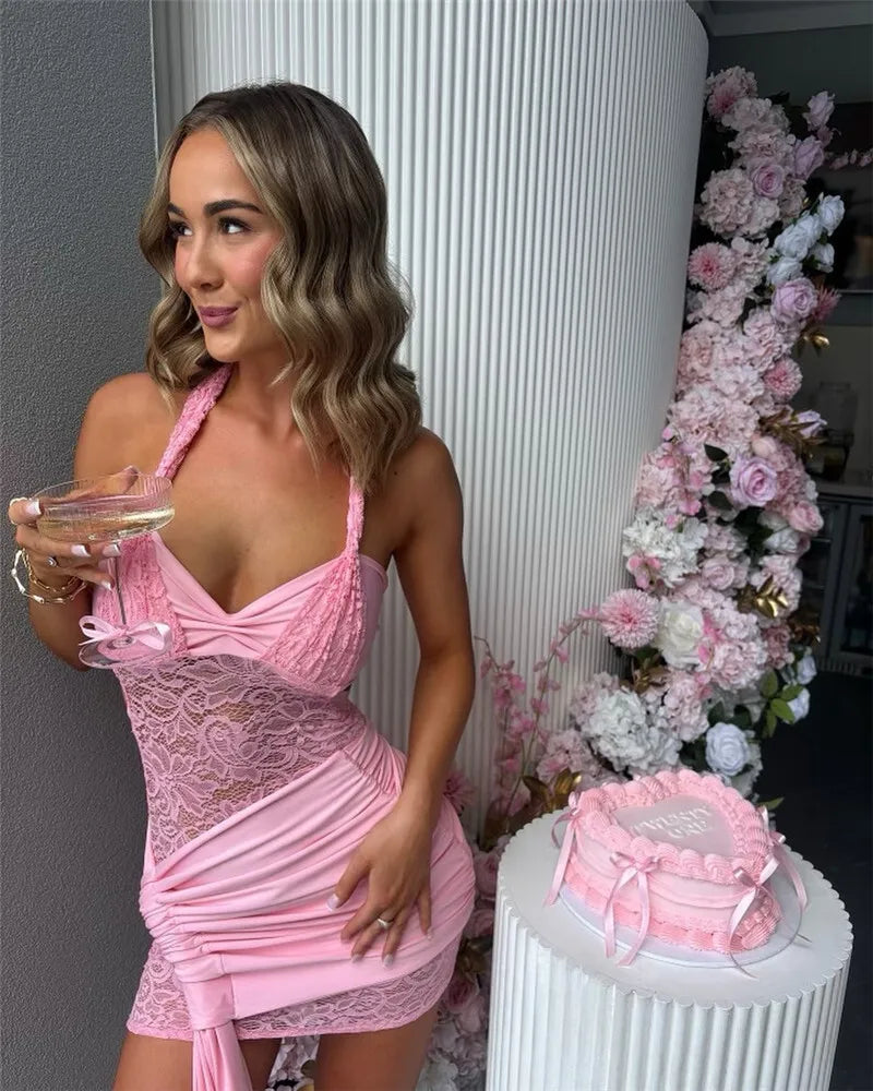 Lace Draped Ruched Sexy Mini Dress For Women Robe Fashion Halter Off-shoulder Backless Sleeveless Bodycon Club Dress