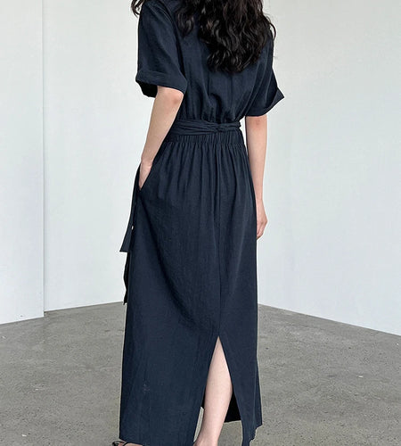 Women Navy Blue Cross Bandage Big Size Elegant Midi Dress New Round Neck Short Sleeve Fashion Spring Summer 2025 1DJ1359