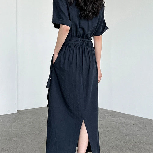 Load image into Gallery viewer, Women Navy Blue Cross Bandage Big Size Elegant Midi Dress New Round Neck Short Sleeve Fashion Spring Summer 2025 1DJ1359

