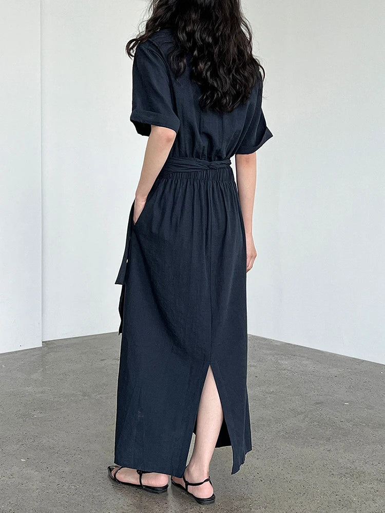 Women Navy Blue Cross Bandage Big Size Elegant Midi Dress New Round Neck Short Sleeve Fashion Spring Summer 2025 1DJ1359
