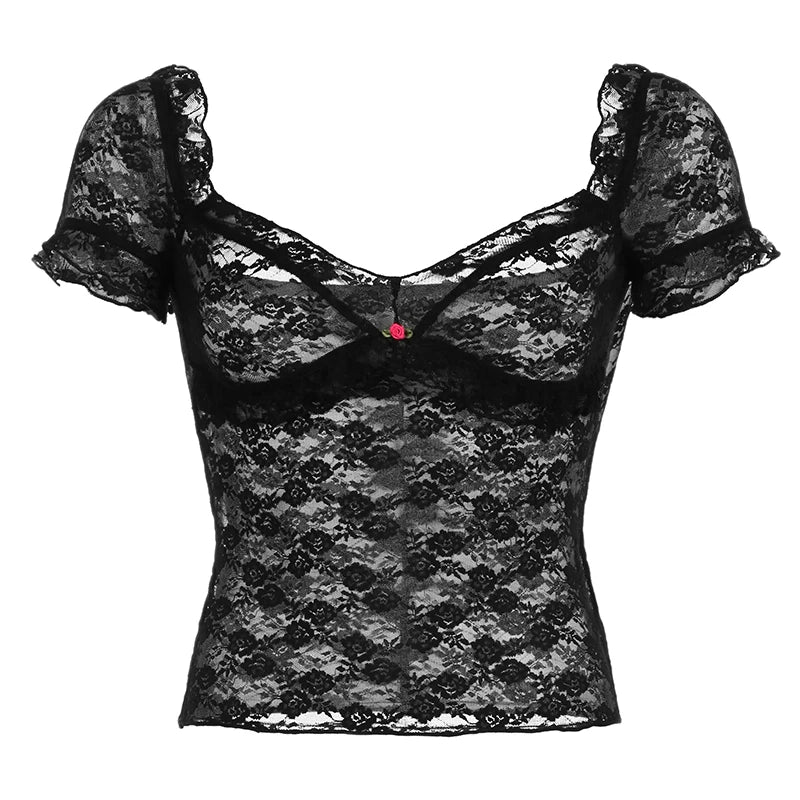 Fashion Square Neck Black Lace T-shirts Sexy Ruched Appliques See Through Crop Top Women Elegant Chic Shirts Summer