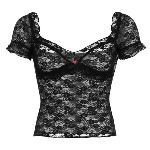 Load image into Gallery viewer, Fashion Square Neck Black Lace T-shirts Sexy Ruched Appliques See Through Crop Top Women Elegant Chic Shirts Summer
