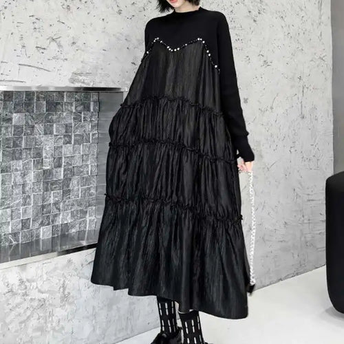 Load image into Gallery viewer, Women Black Knitting Beads Pleated Big Size Midi Dress New Round Neck Long Sleeve Fashion Tide Spring Autumn 2025 1DH9219
