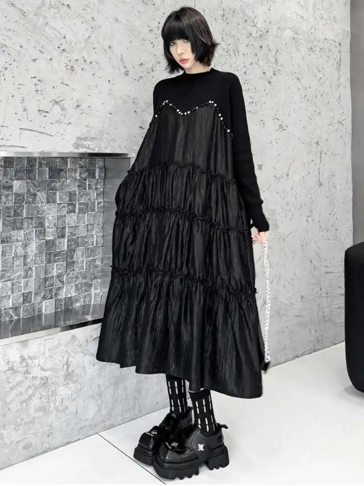 Women Black Knitting Beads Pleated Big Size Midi Dress New Round Neck Long Sleeve Fashion Tide Spring Autumn 2025 1DH9219