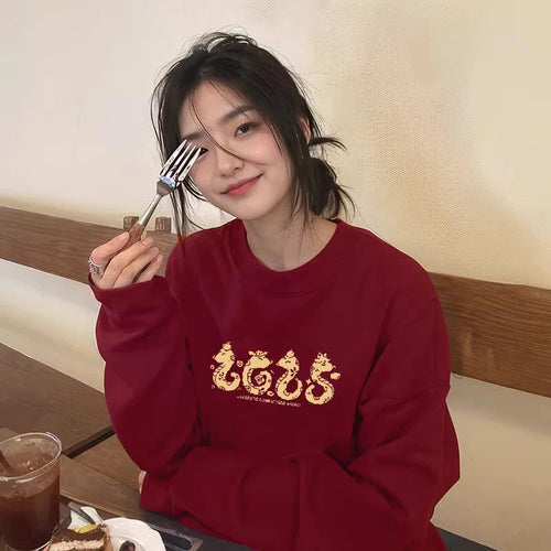 Load image into Gallery viewer, Autumn Winter New Red Letter Print Round Neck Velvet Sweatshirt Thick Korean Women's Loose Long Sleeved Vacation Cotton Tops Y2k
