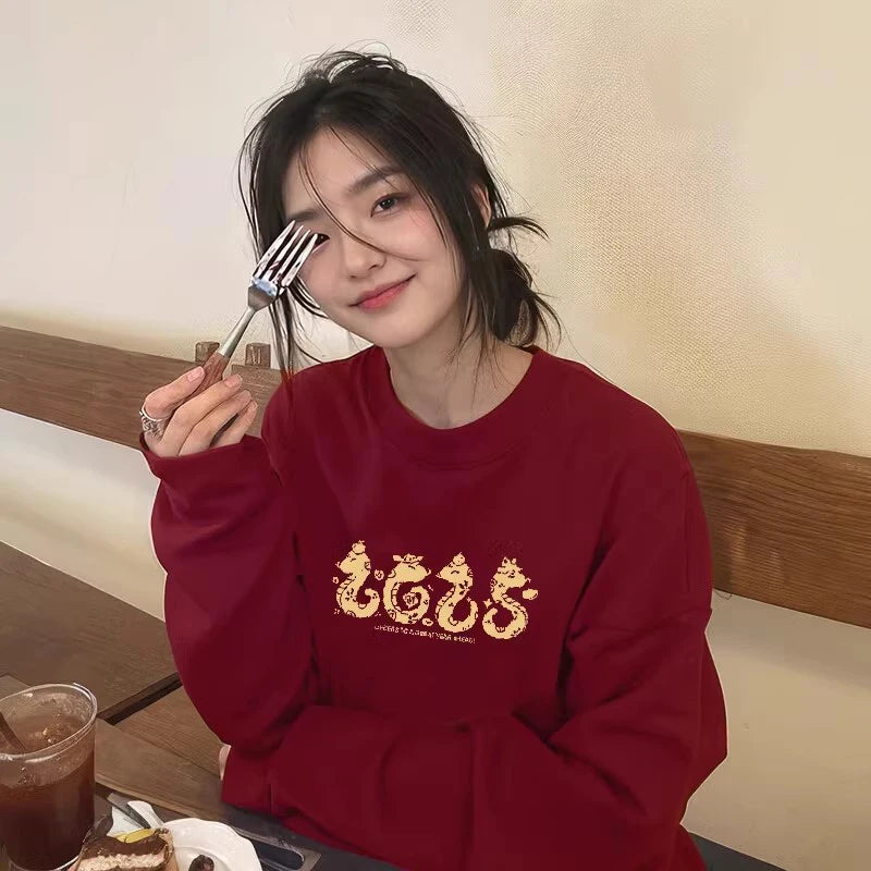 Autumn Winter New Red Letter Print Round Neck Velvet Sweatshirt Thick Korean Women's Loose Long Sleeved Vacation Cotton Tops Y2k