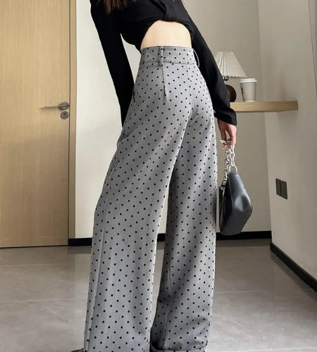 Korean Fashion 2024 Autumn Winter Women Black Polka Dot Straight Pants Gray High Waisted Office Wide Leg Trousers Casual Popular