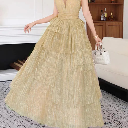 Load image into Gallery viewer, Hit Color Ruffles Irregular Long Dresses For Women V Neck Sleeveless Backless High Waist Elegant Mesh Dress Female Style
