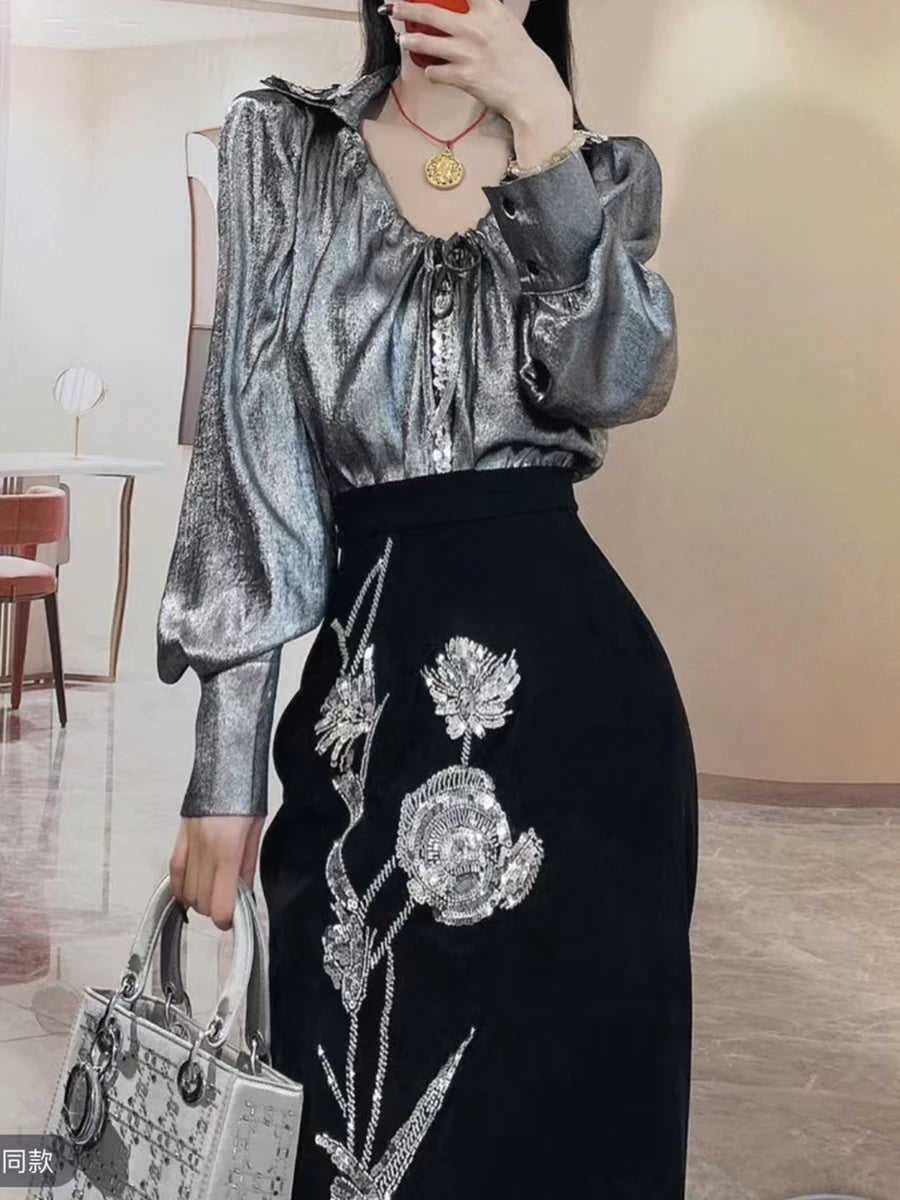 Hit Color Spliced Diamonds Two Piece Set For Women O Neck Short Sleeve Top High Waist Skirt Sets Female Fashion New