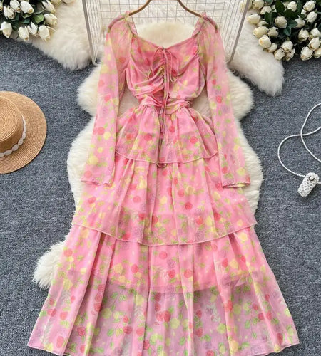 Vintage Autumn Flower Elegant Square Neck Lace-up Cake Dress Women Long Sleeves Festival Pleated Sundress Fashion Bohemian Trend