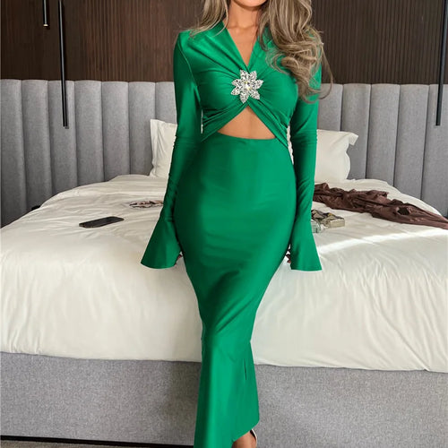 Load image into Gallery viewer, Elegant Hollow Out Sexy Maxi Dress For Women Spring New V Neck Long Flare Sleeve Bodycon Club Party Evening Dress
