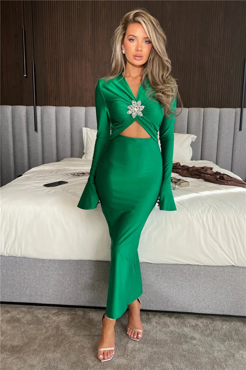 Elegant Hollow Out Sexy Maxi Dress For Women Spring New V Neck Long Flare Sleeve Bodycon Club Party Evening Dress