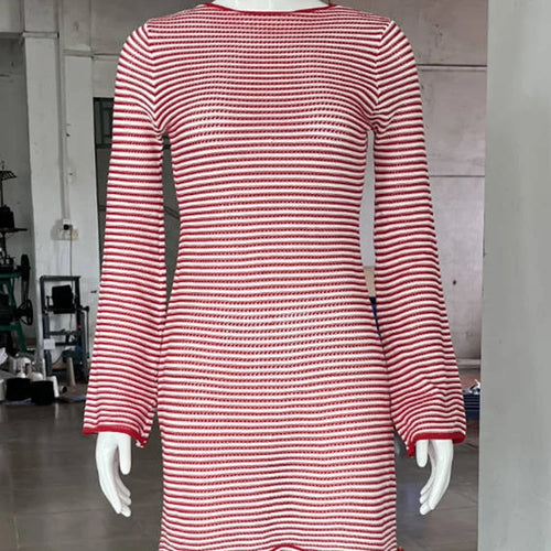 Load image into Gallery viewer, Striped Knit Mini Dress For Women Autumn Winter New O Neck Long Sleeve Contrast Color High Waist Beach Sexy Dress New
