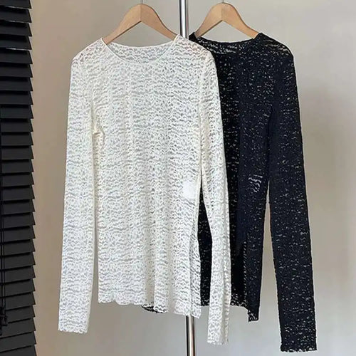 Load image into Gallery viewer, Women White Lace Perspective Side Slit Elegant T-shirt New Round Neck Long Sleeve Fashion Spring Autumn 2025 1DH9845
