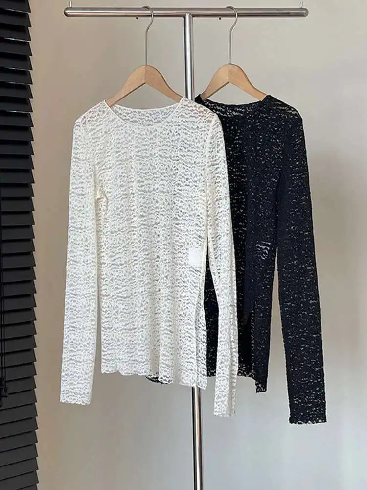 Women White Lace Perspective Side Slit Elegant T-shirt New Round Neck Long Sleeve Fashion Spring Autumn 2025 1DH9845