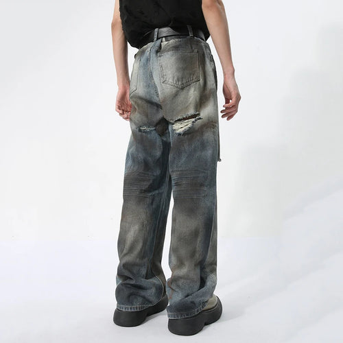 Load image into Gallery viewer, Men&#39;s Shredded Jeans Casual Retro Style Dirty Fashion Hole Design Loose Straight Wide Leg Pants Summer 9C5740
