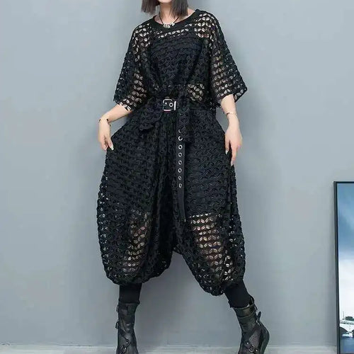 Load image into Gallery viewer, Big Size Mesh T-shirt Wide Leg Pants Two Piece Suit New Round Neck Short Sleeve Women Fashion Spring Summer 2025 1DH6432
