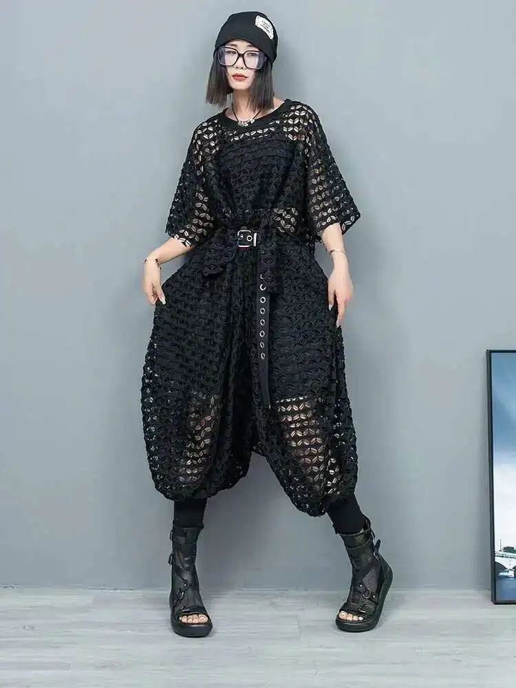 Big Size Mesh T-shirt Wide Leg Pants Two Piece Suit New Round Neck Short Sleeve Women Fashion Spring Summer 2025 1DH6432