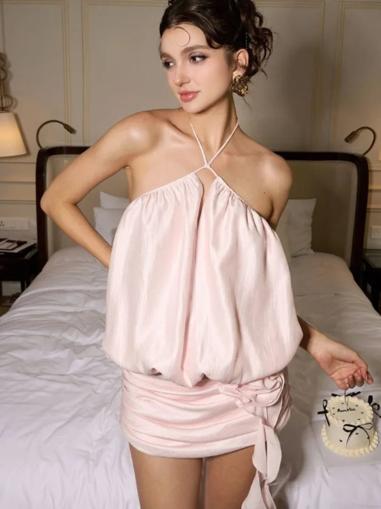 Sexy Sleeveless Hanging Collar Slim Satin Dress For Women Winter 2025 New Backless Suspender Hanging Neck Party Clubwear