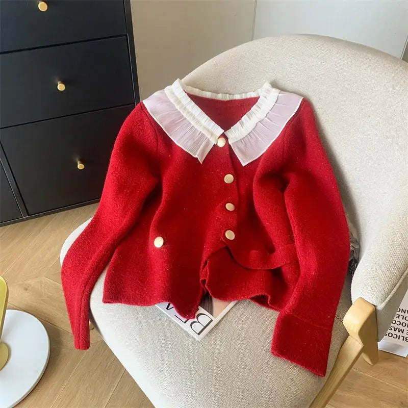 Women White Patchwork Cardigan Sweater Red Long Sleeve Ruffles Doll Collar Office Lady Knit Button Tops 2024 Spring Autumn Trend