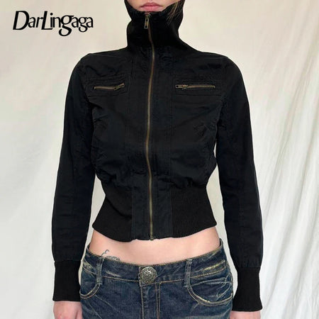 Streetwear Cargo Jacket For Women Black Zipper High Waist Autumn Winter Coat Outwear Turn-Down Collar Outwear Gothic