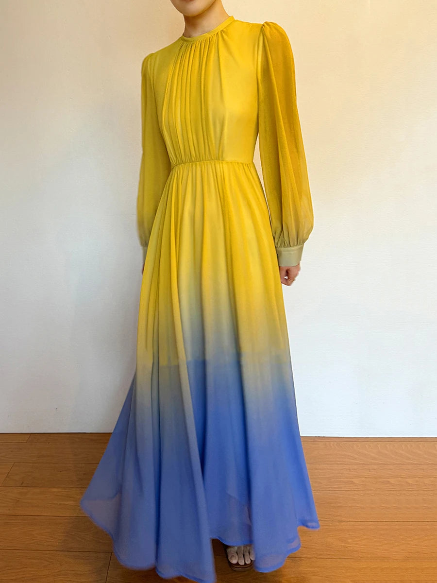 Hit Color Spliced Belt Elegant Dresses For Women O Neck Long Sleeve High Waist Casual Temperament Dress Female New