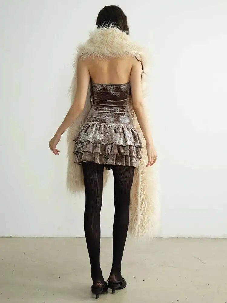 Women Apricot Silver Velvet Elegant Ruffles Mini Dress New Round Neck Sleeveless Fashion Tide Spring Autumn 20251DH8264