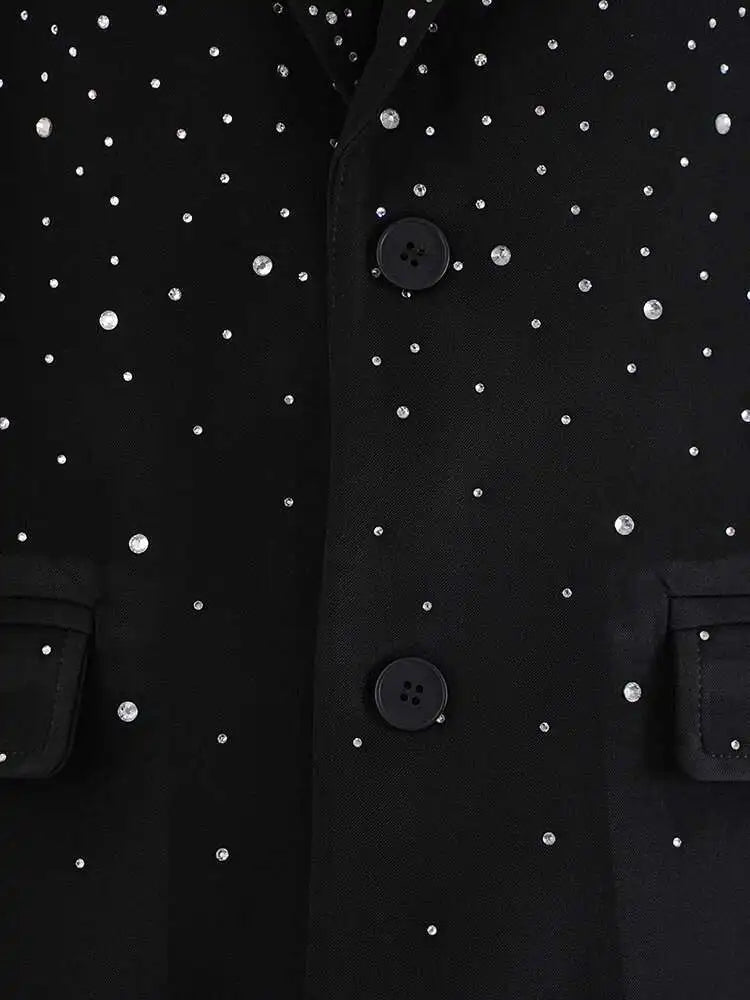 Women Black Rhinestones Shining Big Size Elegant Blazer New Lapel Long Sleeve Jacket Fashion Spring Autumn 2025 CPG2248