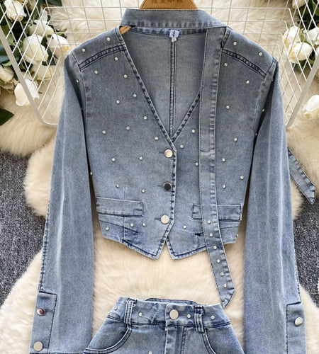 Autumn Winter Retro Two Pieces Set Women Blue V Neck Single Breasted Elegant Short Denim Tops And High Waist Shorts Skirt Suits