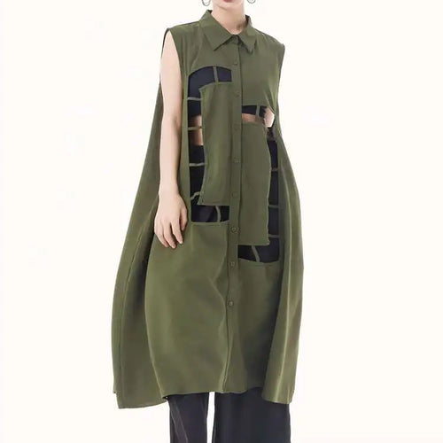 Load image into Gallery viewer, Women Army Green Hollow Out Big Size Midi Casual Dress New Lapel Sleeveless Fashion Tide Spring Summer 2025 1DH9512
