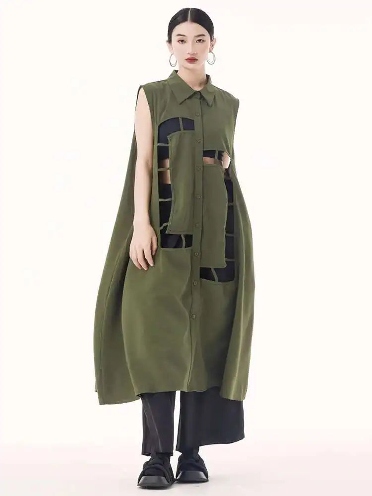 Women Army Green Hollow Out Big Size Midi Casual Dress New Lapel Sleeveless Fashion Tide Spring Summer 2025 1DH9512