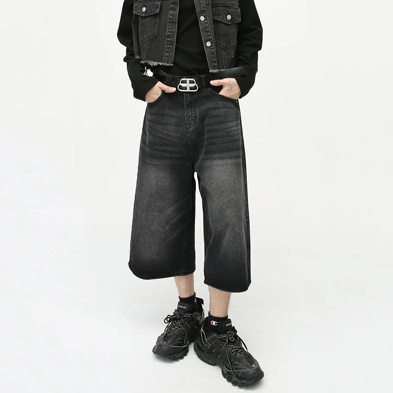 Casual Men's Jeans Vintage Spring Summer Loose Male Wide Leg Shorts New Washed Fashion Knee Length Denim Trouser 9A8825