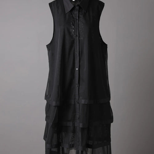 Load image into Gallery viewer, Women Black Layers Mesh Big Size Midi Vest Shirt Dress New Lapel Sleeveless Fashion Tide Spring Summer 2025 1DH9472
