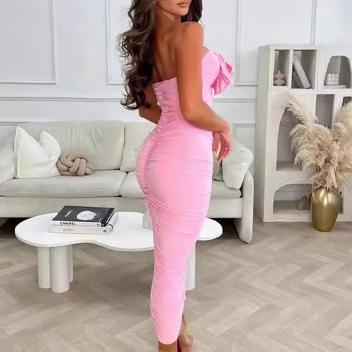 Load image into Gallery viewer, Summer Sexy Spicy Girl Bra Slim Fit Bag Hip Fold 3D Flower Mid length Dress
