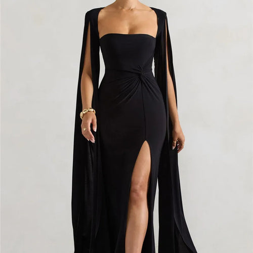 Load image into Gallery viewer, Long Cape Sleeve Split Maxi Dress For Women Gown Fashion Solid Square Collar Evening Sexy Long Dress Elegant New

