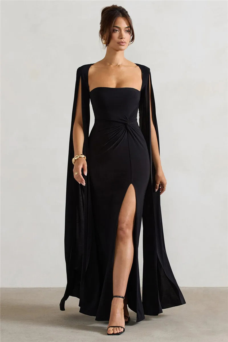 Long Cape Sleeve Split Maxi Dress For Women Gown Fashion Solid Square Collar Evening Sexy Long Dress Elegant New