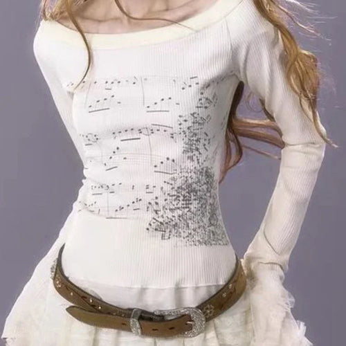 Load image into Gallery viewer, Y2k Aesthetic Cotton Tshirts Women All Match Tees Lace Patch Sexy Grunge Print T Shirt Long Sleeve Crop Top 2025 Fairy Clothes
