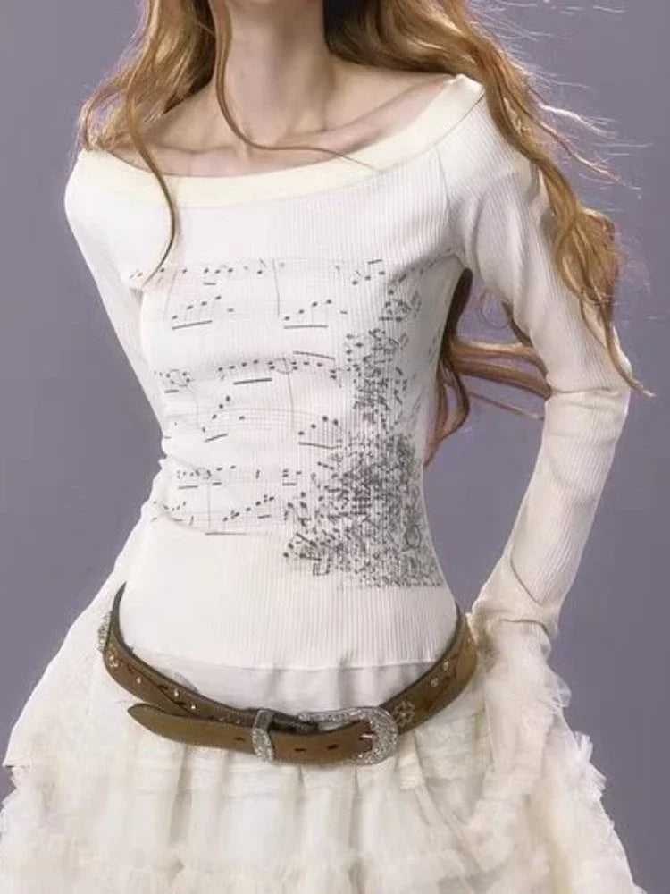 Y2k Aesthetic Cotton Tshirts Women All Match Tees Lace Patch Sexy Grunge Print T Shirt Long Sleeve Crop Top 2025 Fairy Clothes