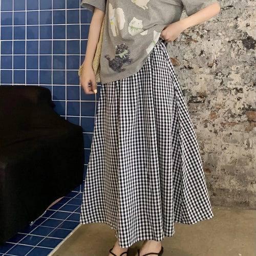 Load image into Gallery viewer, Korean Women Blue Pink Black Plaid Elastic High Waist Skirt Summer Holiday A-line Pleated Long Skirts Casual Streetwear Popular
